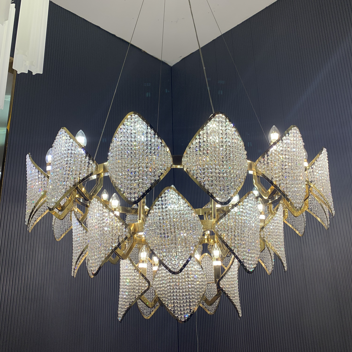 Modern Luxury 3-Tier Crystal Beads Knitmesh Chandelier in Champagne Gold Finish for Living Room, three-tier