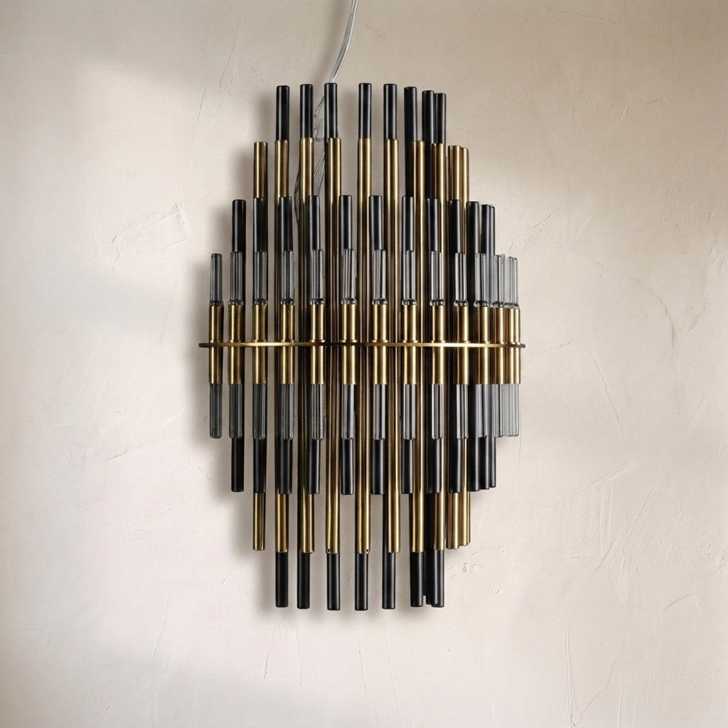 Ezra industrial wall sconce, staggered brass, black and smoked glass tubes crossed by a brass bar