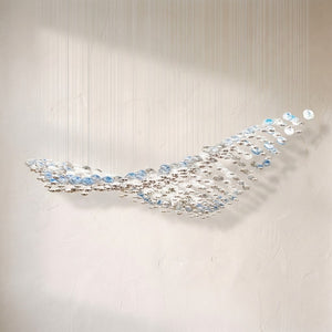 Flying Wave chandelier, a sweeping wave of blue and clear glass bubbles on fine cables