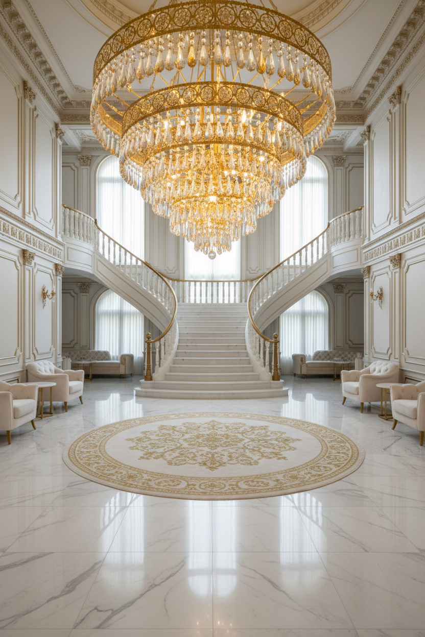 Tall chandelier hanging in a staircase void above a curved stair