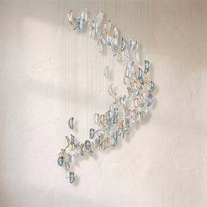 Galaxy Aqua Ripple chandelier, aqua, amber and clear glass ripples spiralling on fine cables