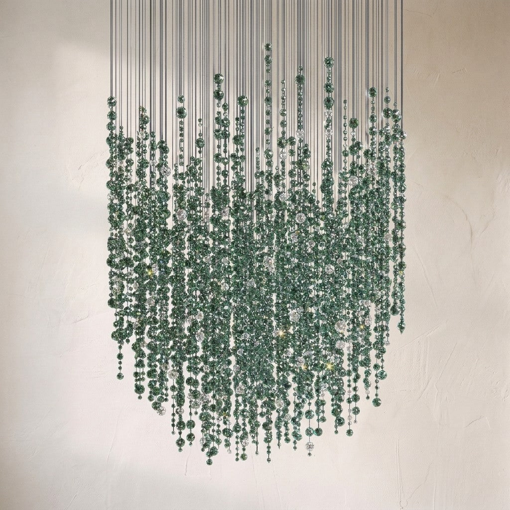 Galaxy Emerald Rainfall chandelier, strands of emerald and clear crystal beads falling in a curtain
