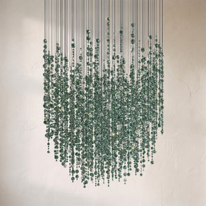 Galaxy Emerald Rainfall chandelier, strands of emerald and clear crystal beads falling in a curtain