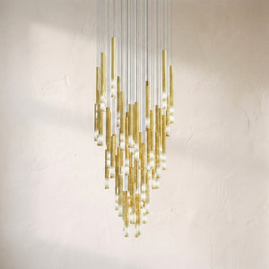 Galaxy Symphony Orchestra chandelier, brass tubes at staggered lengths forming a tapered cascade
