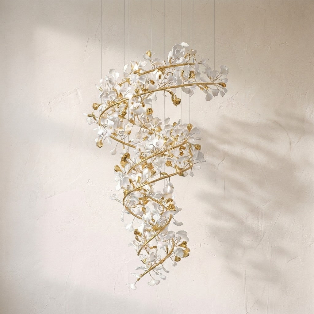 Gingko ceramic branch chandelier, porcelain and gold ginkgo leaves spiralling round a brass helix