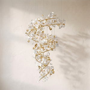 Gingko ceramic branch chandelier, porcelain and gold ginkgo leaves spiralling round a brass helix