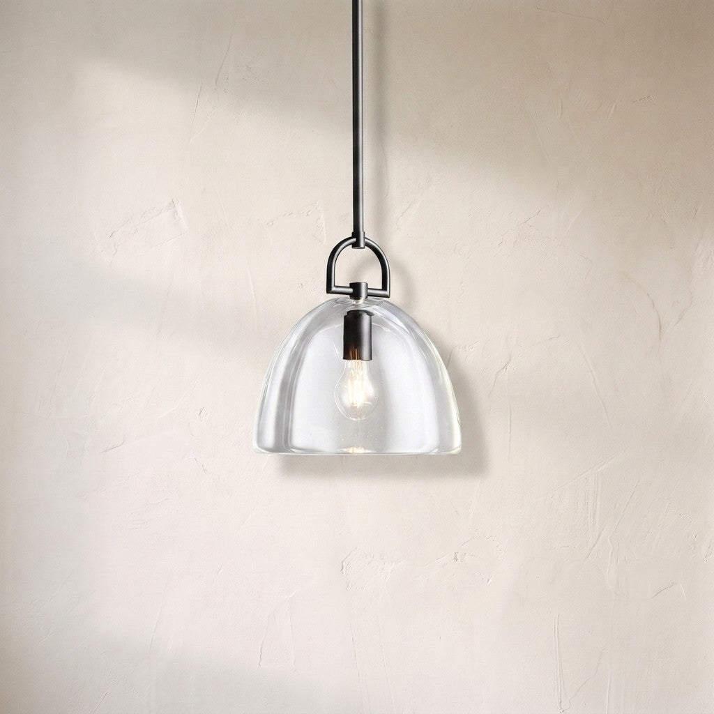 Haloid pendant, clear glass dome shade on a blackened bronze stem and yoke