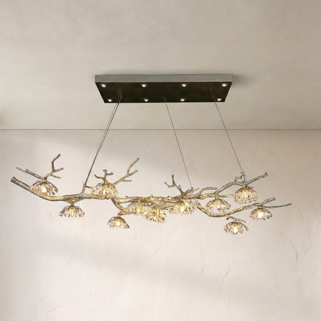 Hanasaku Crystal Bud Branch Fourteen-Light Oblong Chandelier