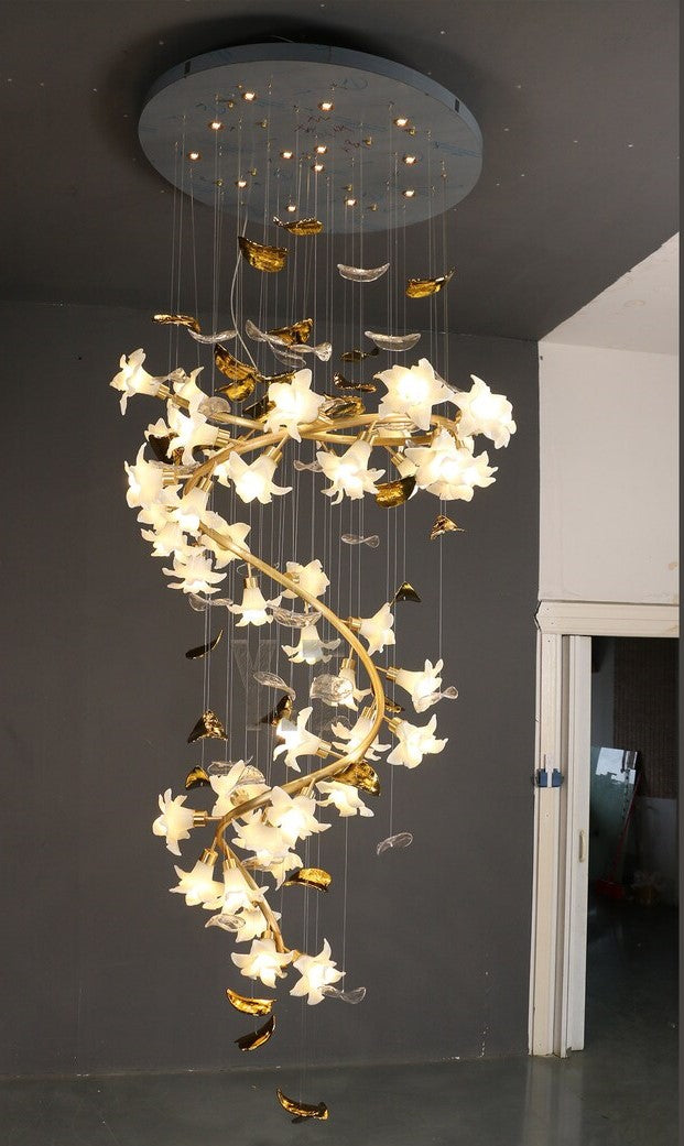 Ceramic Flower Chandelier in Artistic Brass Branch Design - view 5