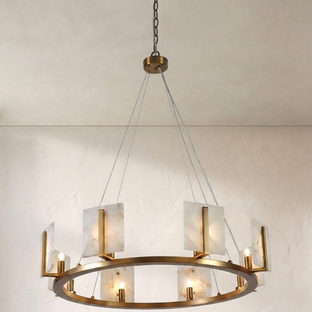 Large Contemporary Alabaster & Brass Halo Chandelier