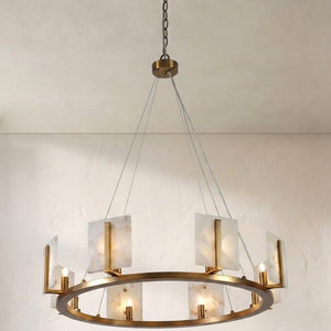 Large Contemporary Alabaster & Brass Halo Chandelier