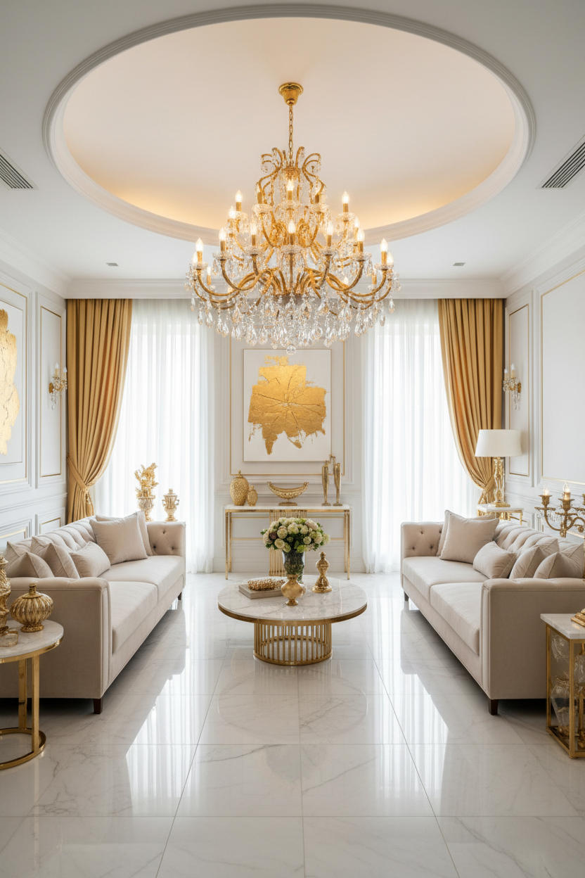 Crystal chandelier above a cream living room with gold accents