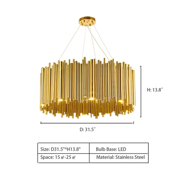 D31.5"*H13.8" — Modern Classic Round Fashion Gold Tube Pendant Chandelier for Living/Dining Room