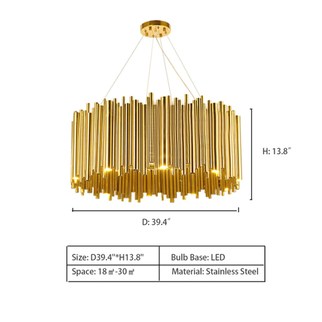 D39.4"*H13.8" — Modern Classic Round Fashion Gold Tube Pendant Chandelier for Living/Dining Room