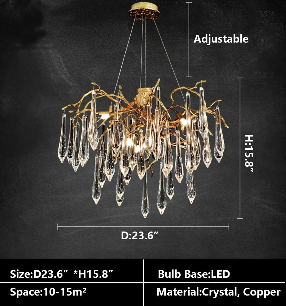 Branch Crystal Drops Chandelier in French Style with Copper Gold Finish for Dining and Living Room Ceiling - view 9