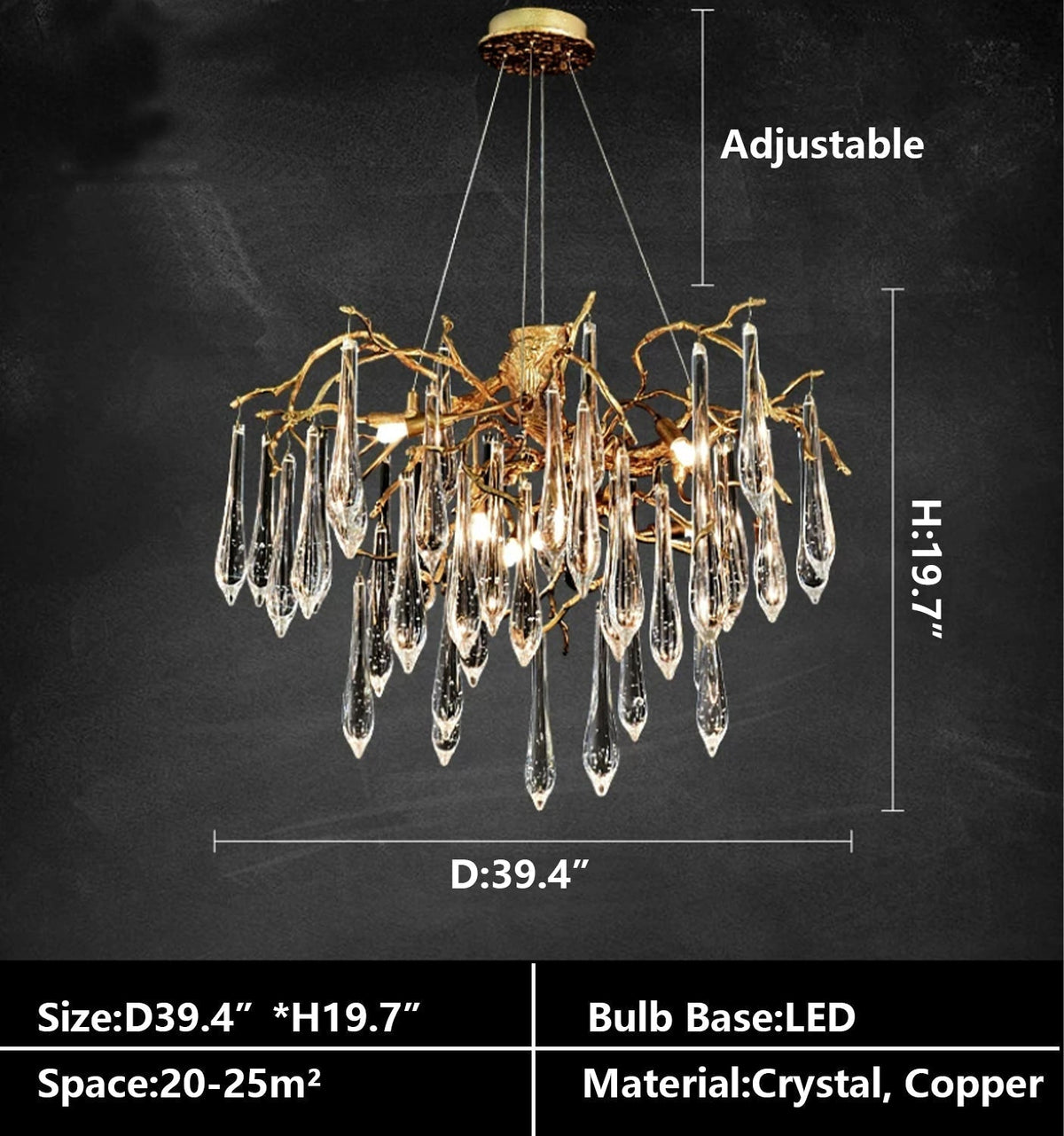 Branch Crystal Drops Chandelier in French Style with Copper Gold Finish for Dining and Living Room Ceiling - view 11