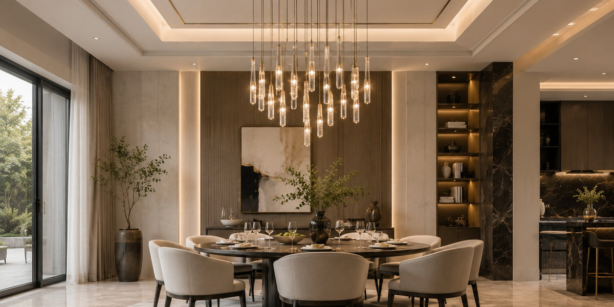 Linear crystal drop chandelier over a dining table under an oval recessed ceiling