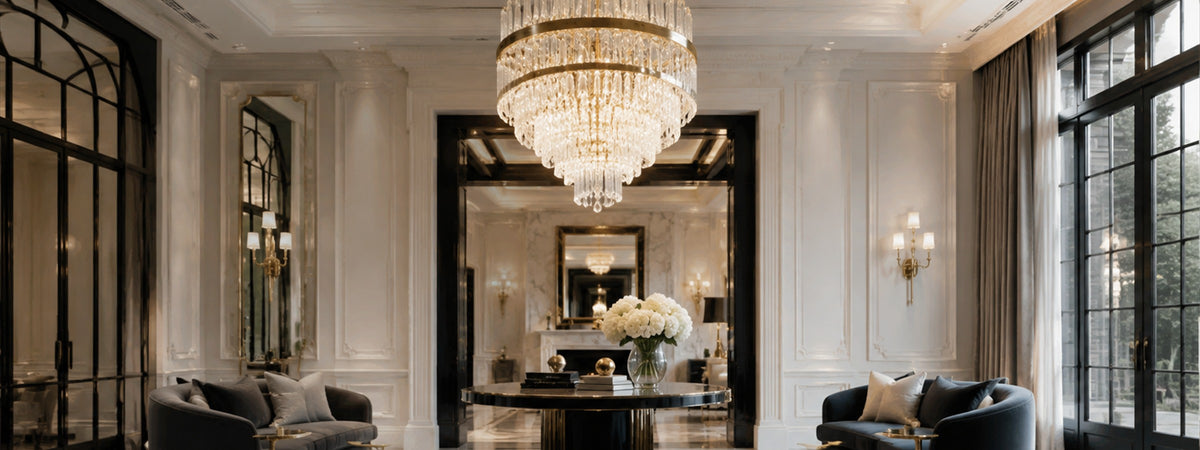 Crystal chandelier in a grand reception hall, RHL Lighting