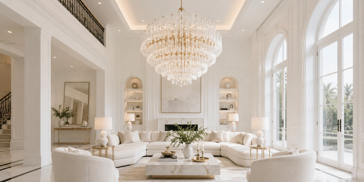 A luxury white modern sectional sofa in a bright, high-ceilinged white living room with a large crystal chandelier, marble coffee table, and tall arched windows.