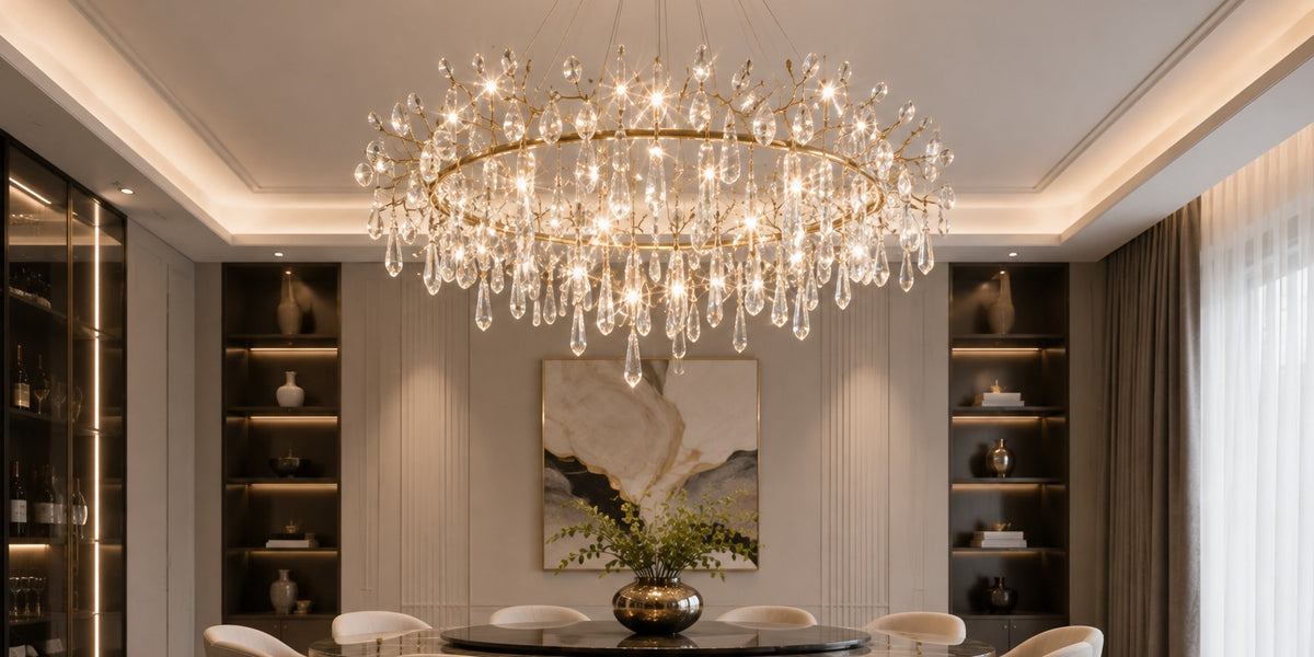 Gold ring crystal chandelier above a round dining table in a modern luxury dining room