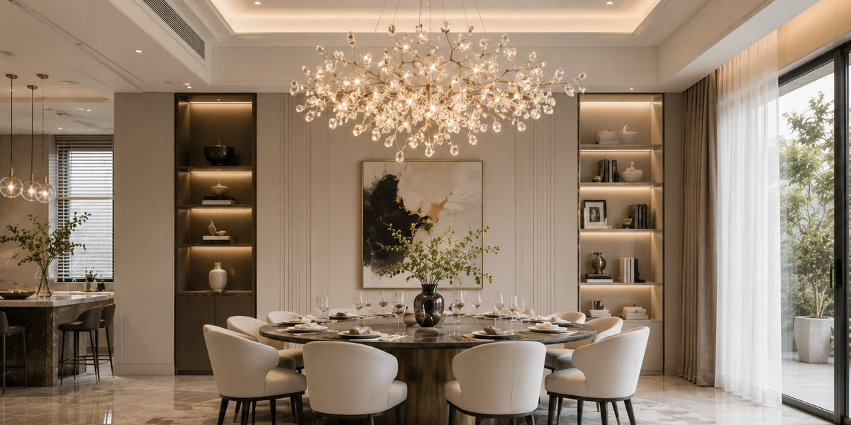 Crystal sphere cluster chandelier above a round dining table in a contemporary villa