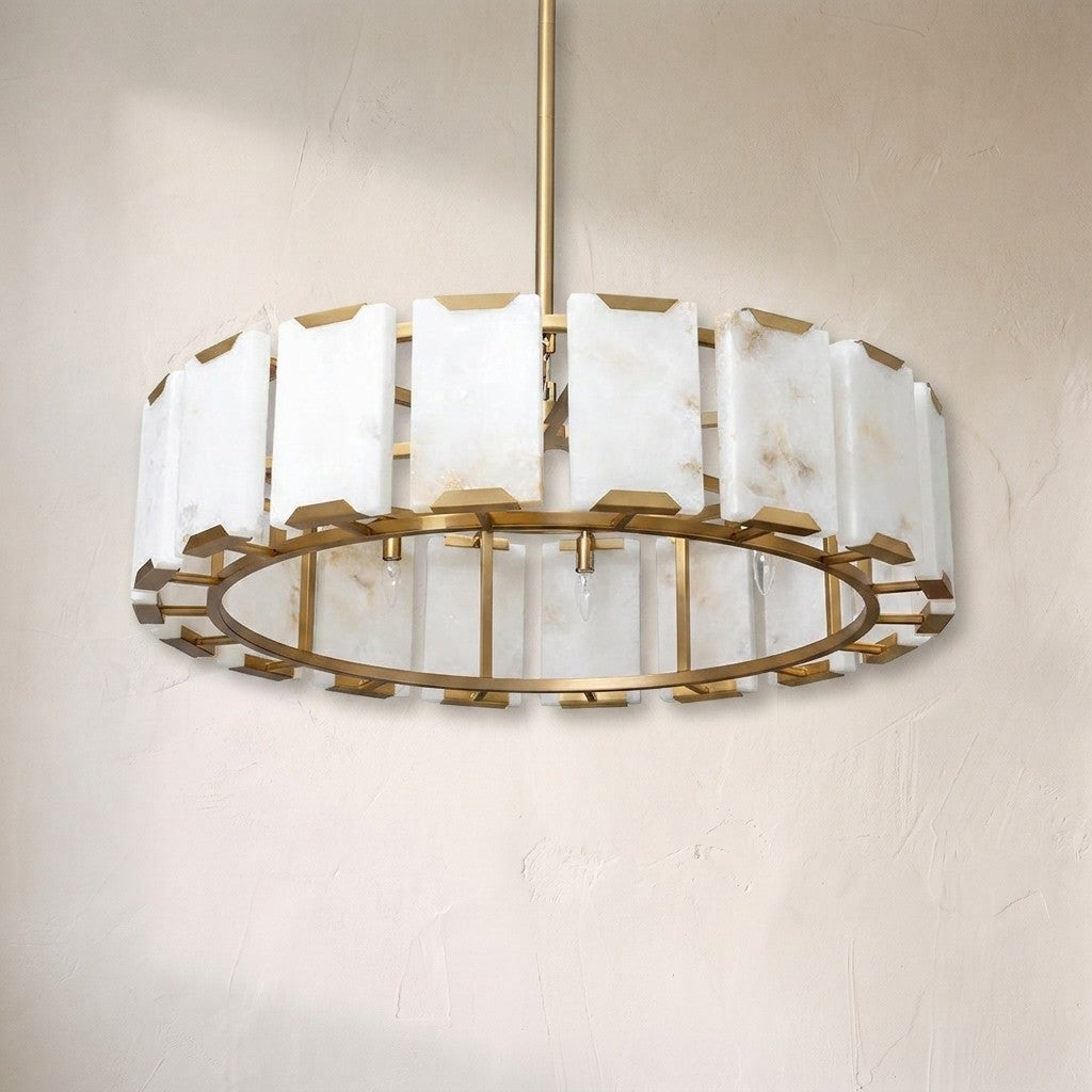 Rovira alabaster chandelier, backlit alabaster panels bracketed in brass around an open drum