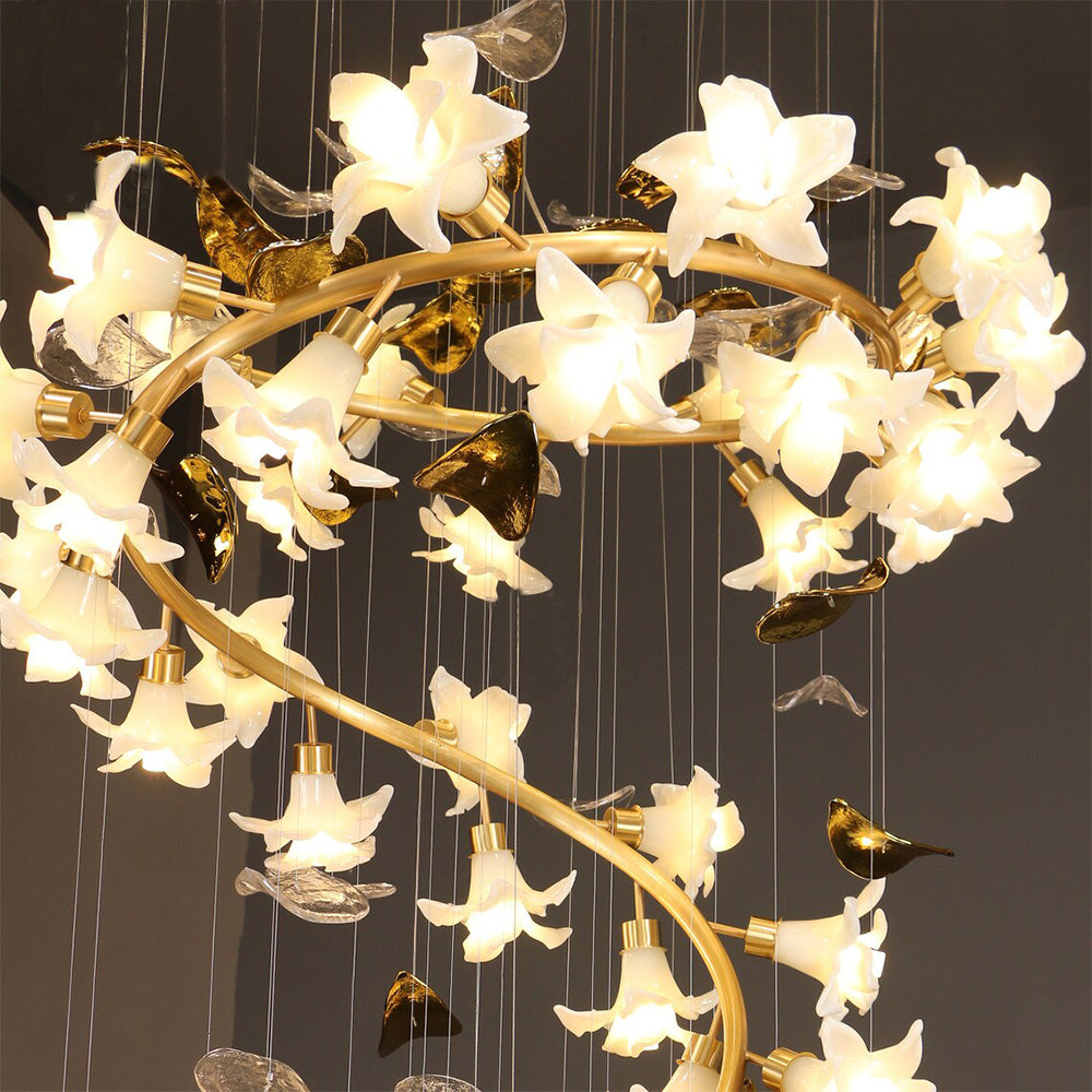 Ceramic Flower Chandelier in Artistic Brass Branch Design - view 7