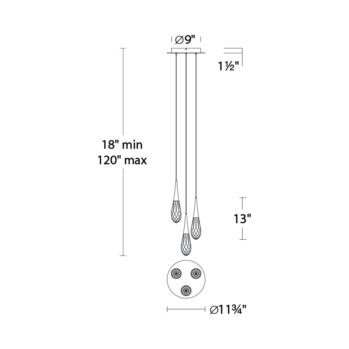 Hibiscus LED Multi Light Pendant Light - line drawing.