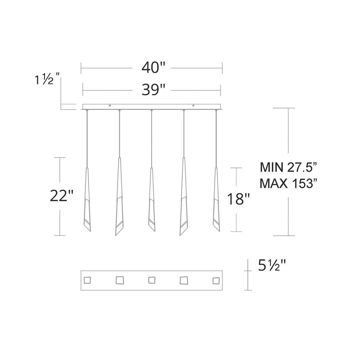 Solitude Linear LED Multi Pendant Light - line drawing.