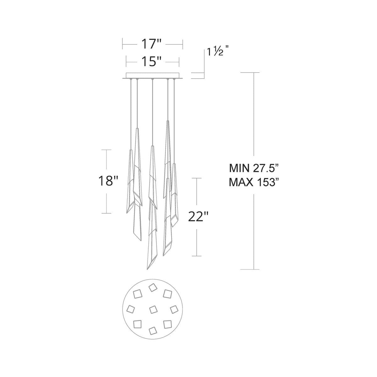 Solitude Round LED Multi Chandelier - line drawing.
