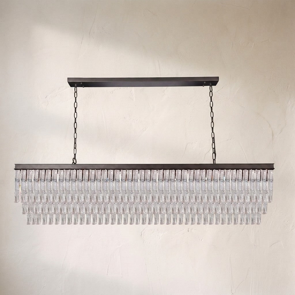Selim 3-Tier Rectangular Cracked Textured Glass Chandelier, three-tier