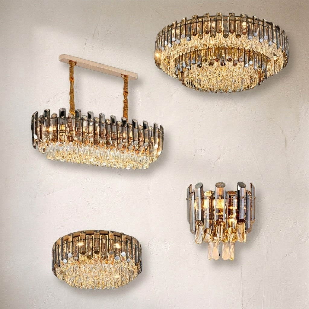 Smoke Gray Crystal Chandelier Flush Mounted Ceiling Light Fitxture Set for Dining Room/Living Room
