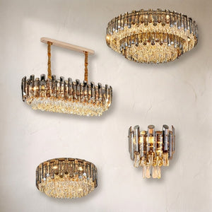 Smoke Gray Crystal Chandelier Flush Mounted Ceiling Light Fitxture Set for Dining Room/Living Room
