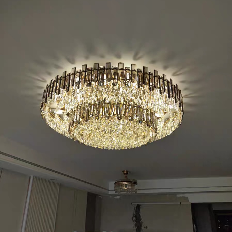 Smoke Gray Crystal Chandelier Flush Mounted Ceiling Light Fitxture Set for Dining Room/Living Room - view 7