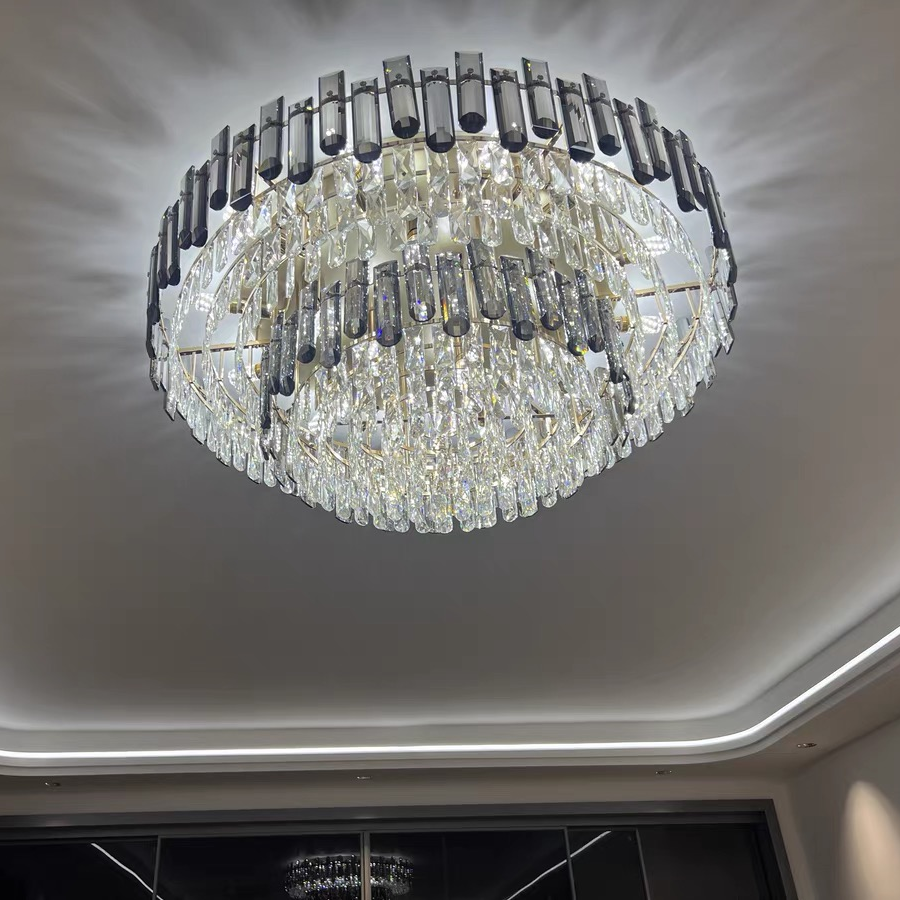 Smoke Gray Crystal Chandelier Flush Mounted Ceiling Light Fitxture Set for Dining Room/Living Room - view 8