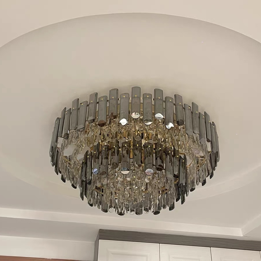 Smoke Gray Crystal Chandelier Flush Mounted Ceiling Light Fitxture Set for Dining Room/Living Room - view 9