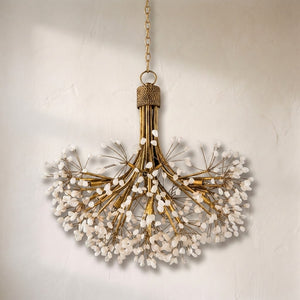 Stone Quartz Nine-Light Chandelier, Gold Leaf Finish with Natural Crystals, G9 Bulbs
