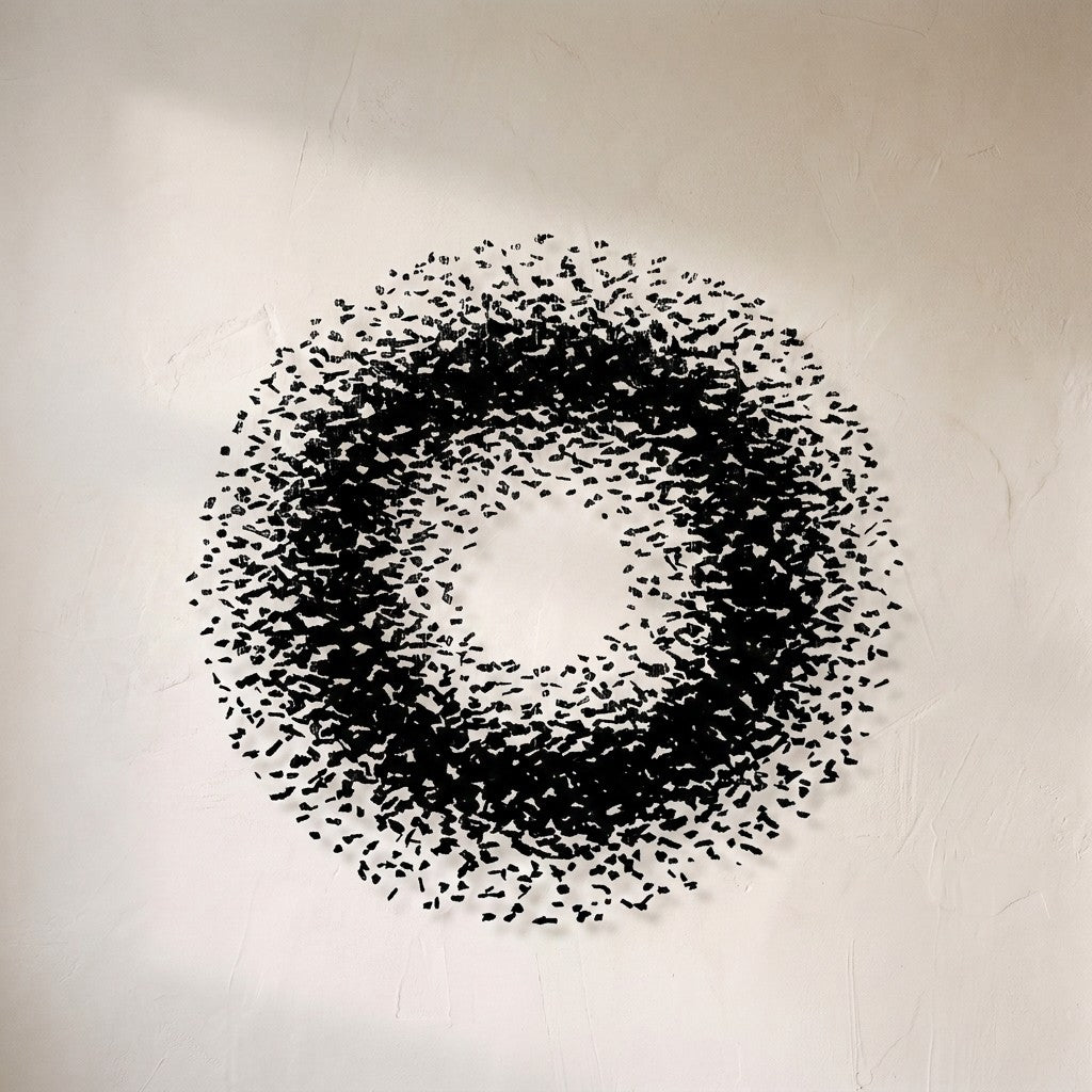 The Charcoal Halo chandelier, a dense ring of black stone fragments suspended on fine cables