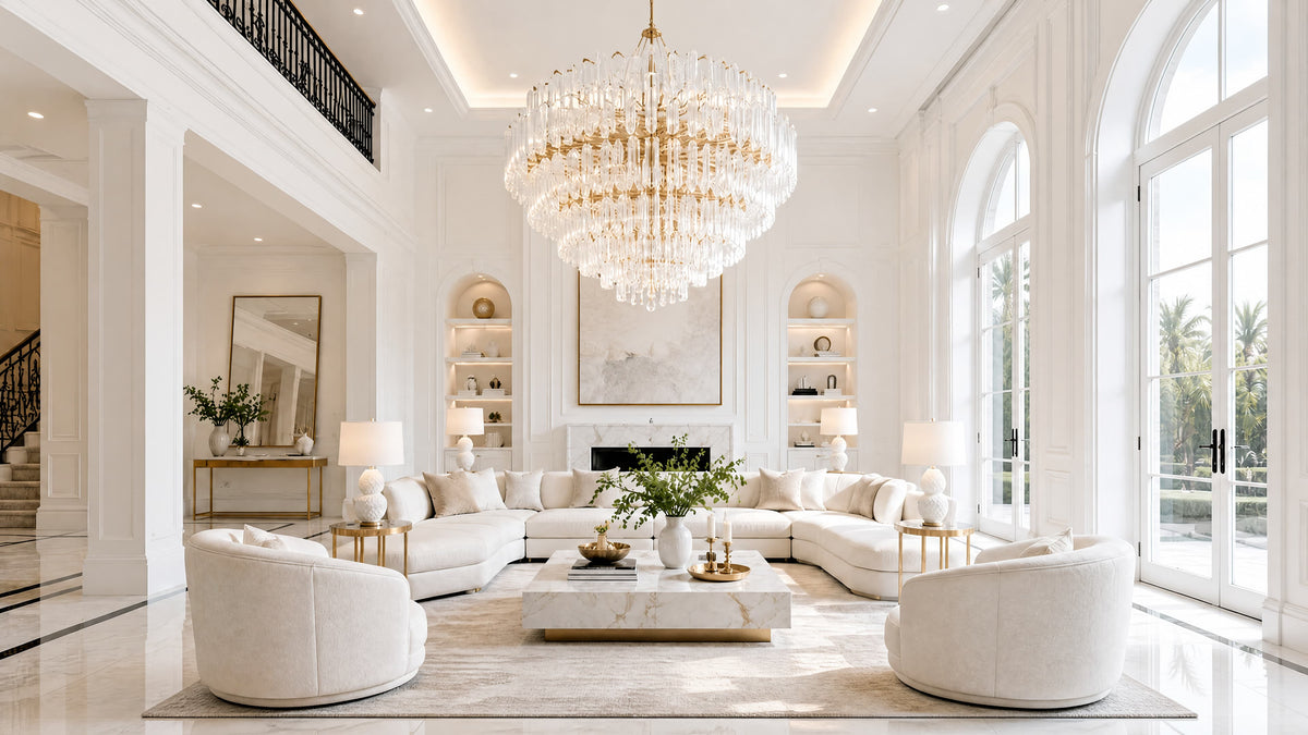 A luxury white modern sectional sofa in a bright, high-ceilinged white living room with a large crystal chandelier, marble coffee table, and tall arched windows.