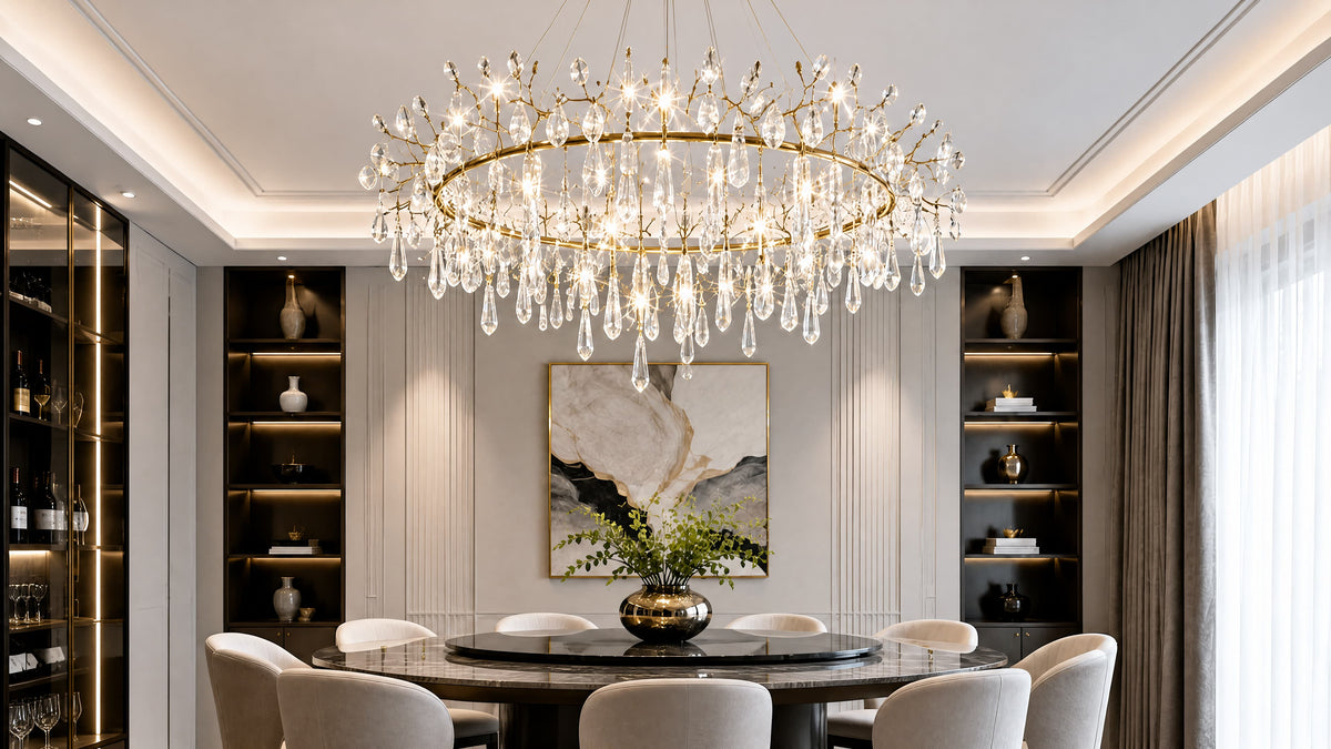Gold ring crystal chandelier above a round dining table in a modern luxury dining room