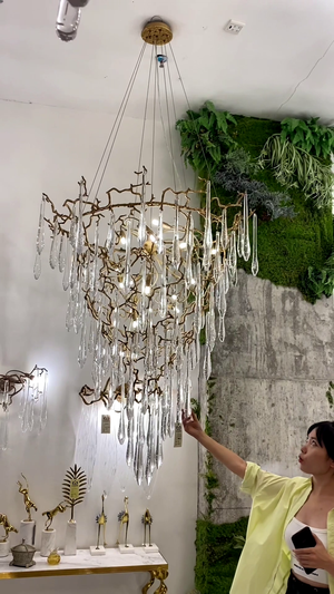 Chic Modern French Branch Copper Crystal Chandelier for Living Room Foyer and Dining Room Lighting - view 4