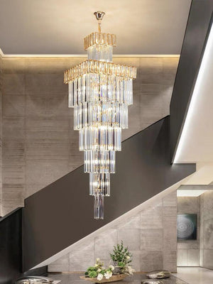 Decorative Large Vertical Crystal Staircase Chandelier Foyer Ceiling Light Fixture Lamp In Gray/ Amber Brim - view 4