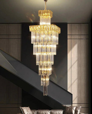 Decorative Large Vertical Crystal Staircase Chandelier Foyer Ceiling Light Fixture Lamp In Gray/ Amber Brim - view 3
