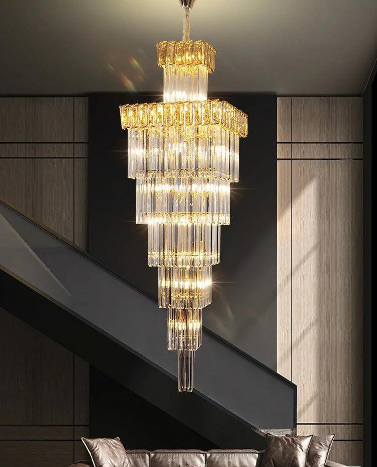 Decorative Large Vertical Crystal Staircase Chandelier Foyer Ceiling Light Fixture Lamp In Gray/ Amber Brim - view 3