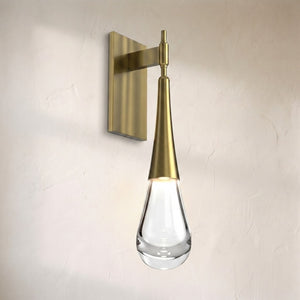 Water Drop LED wall sconce, tapered brass stem ending in a clear teardrop glass diffuser