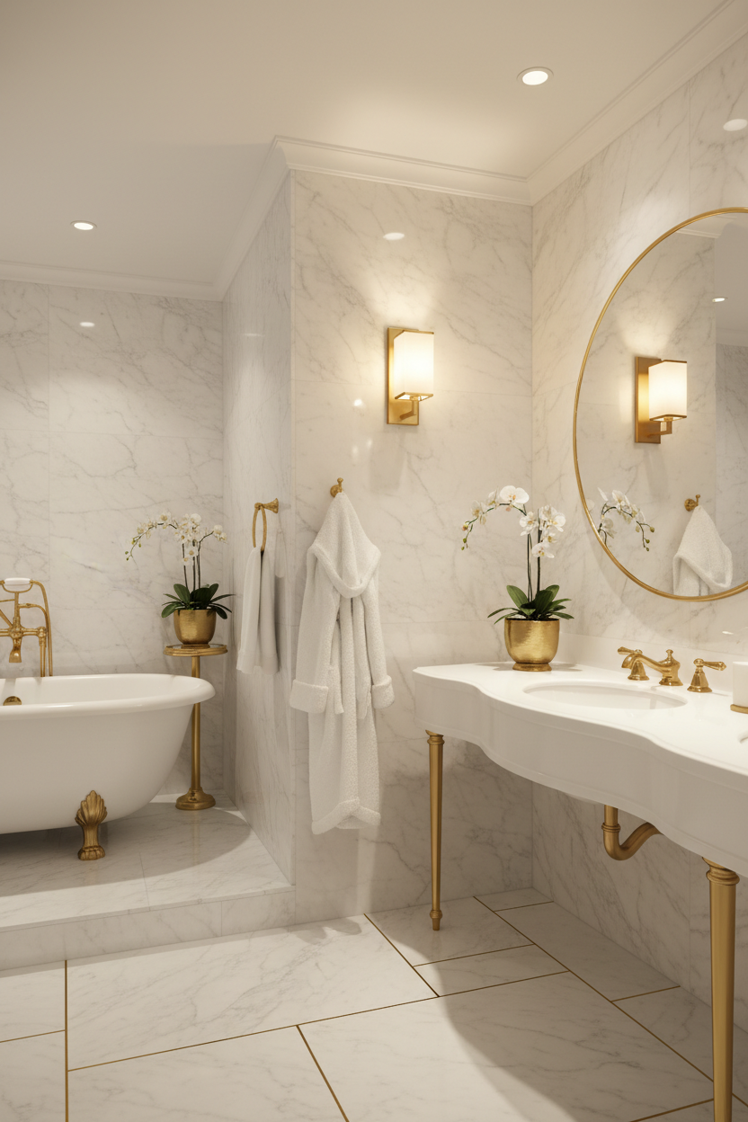 Marble bathroom with brass wall sconces flanking a round mirror