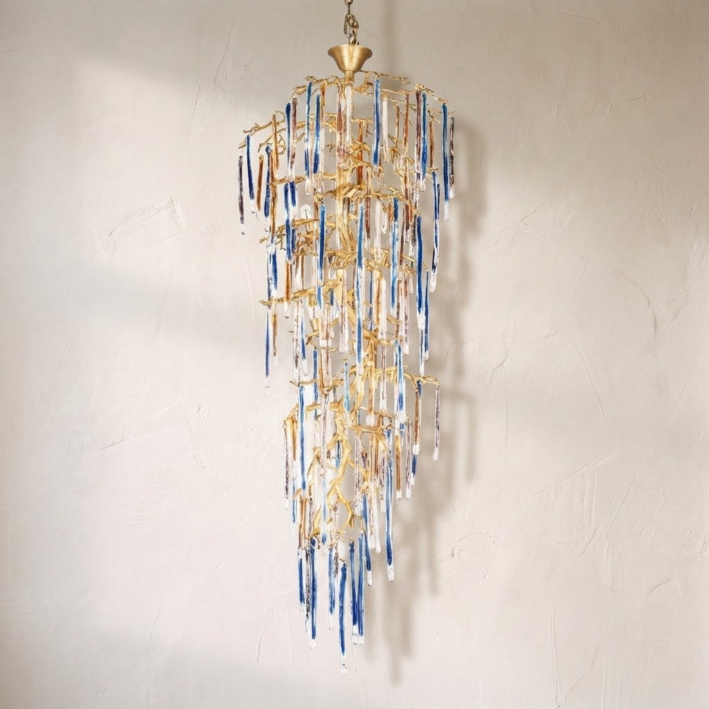 Willow Branch glass foyer chandelier, gilded branches spiralling with blue, amber and clear glass icicles