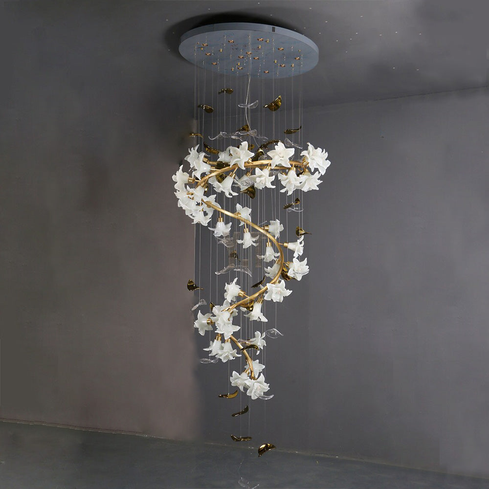 Ceramic Flower Chandelier in Artistic Brass Branch Design - view 4