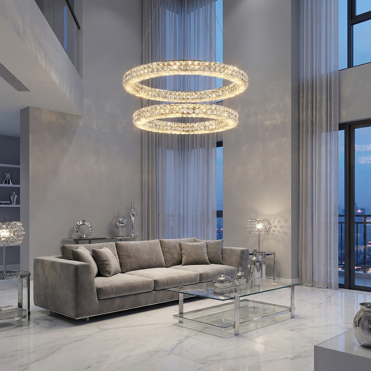 Modern living room 24 inch crystal & alabaster ring chandelier — Yiosi Vera chrome